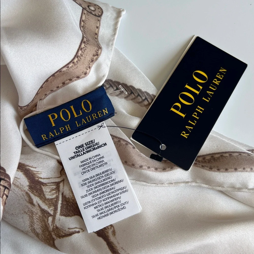Polo Ralph Lauren Equestrian Silk Scarf Polo Horse Print Cream Brown - Picture 10 of 17